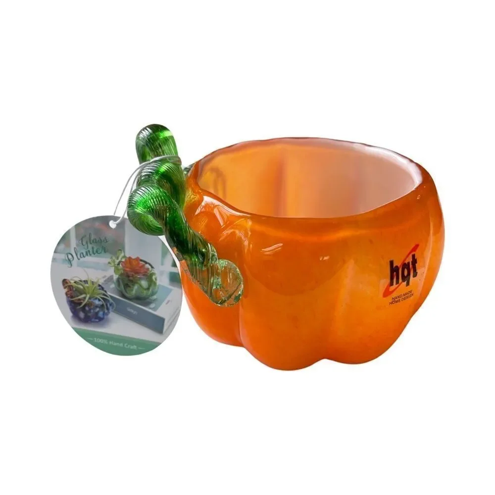 Hand Blown Art Glass Deco Pumpkin Bowl Vase Planter Swirl NWT